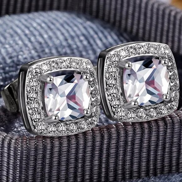 🆕 Small Square 0.65 Carat Halo Diamond Earring Studs, 925 Sterling Silver 🆕 - Picture 2 of 6